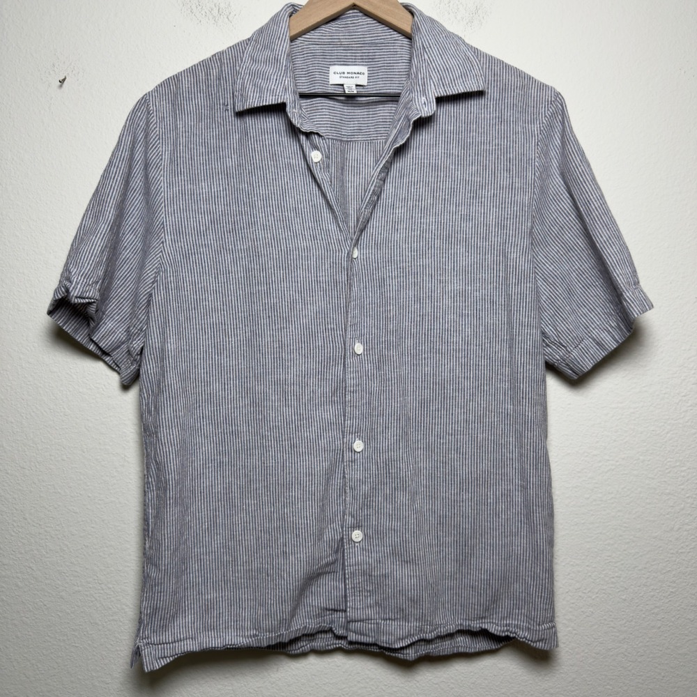 Club Monaco Men Linen Cotton Button Down Shirt Medium Blue Striped Short Sleeve